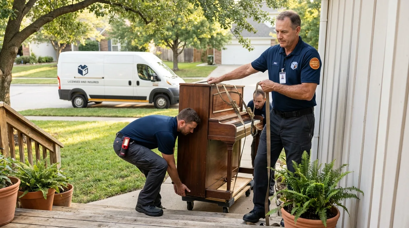 Licensed piano movers securing grand piano in Canton, NY