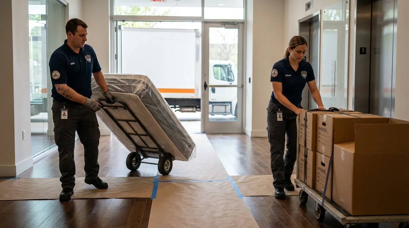 Professional apartment movers loading elevator in Canton, NY