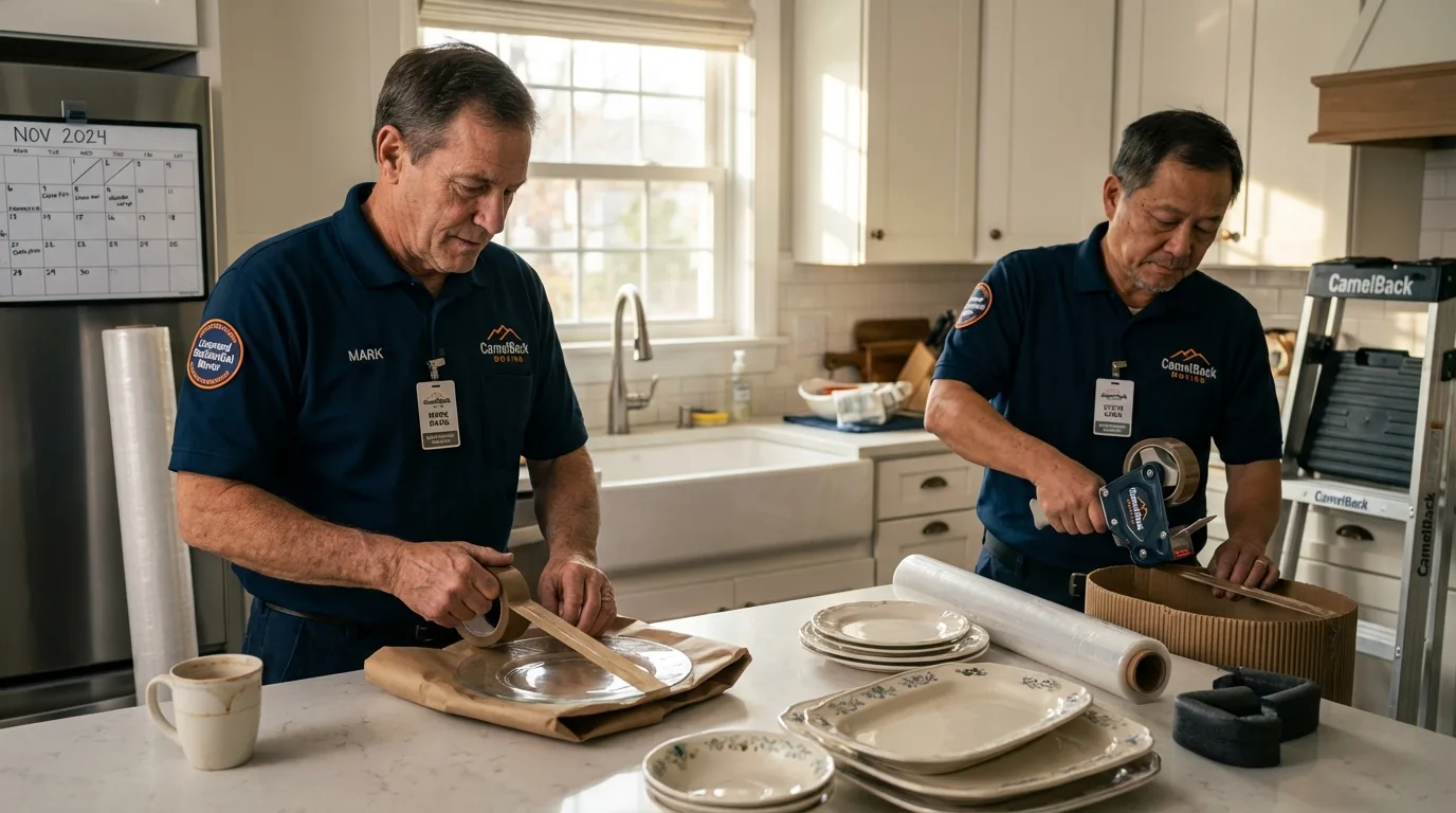 Professional crew packing kitchen dishware in Canton, NY